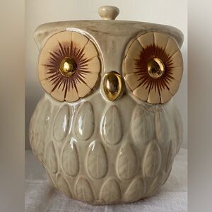 World Market Ceramic Hoot Owl Cookie Jar Gold Accents Lidded Cannister  Adorable
